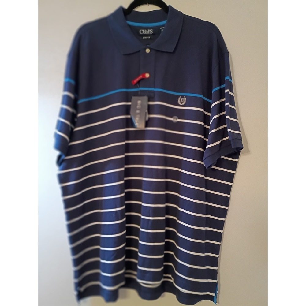 Chaps Big Tall Men 2XB NWT Navy Blue White Stripe Stretch Polo Shirt Golf Casual